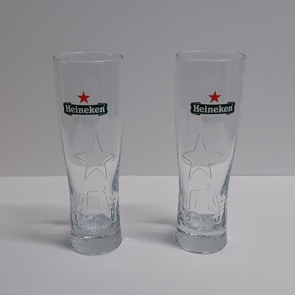 Pair of Heineken Pilsner Tall Beer Glass With Red Star and Embossed Logo .35L